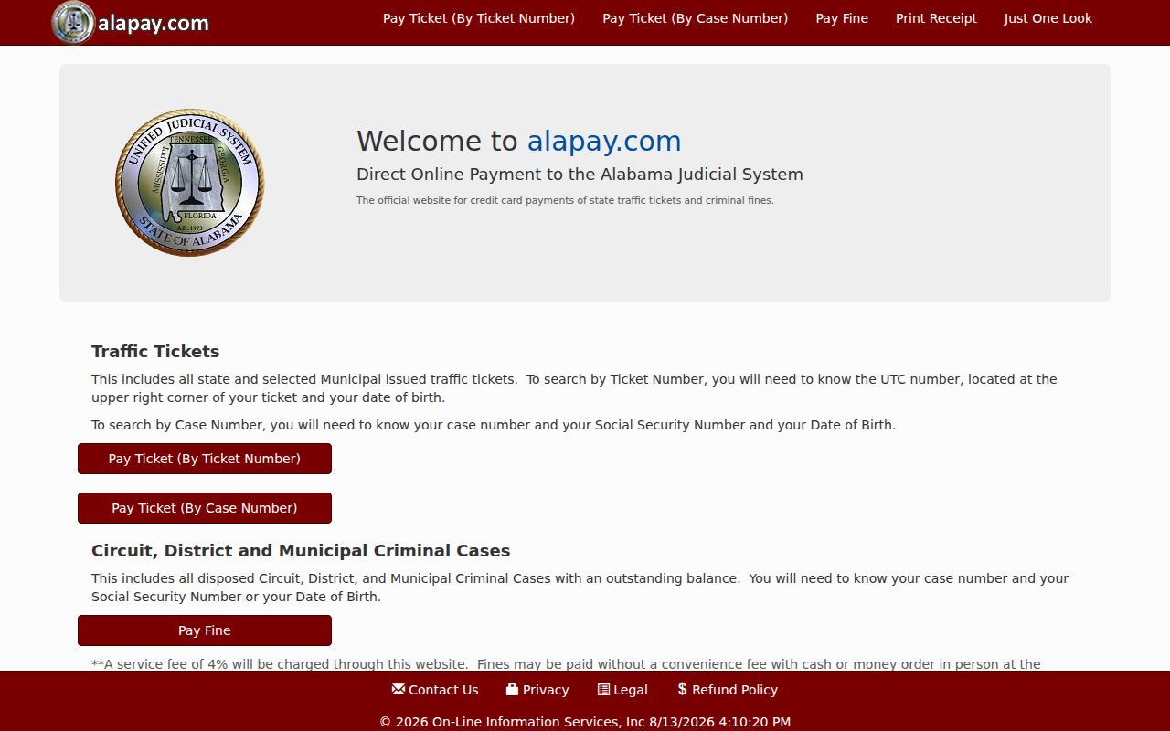 Butler County traffic court records and AlaPay payment portal